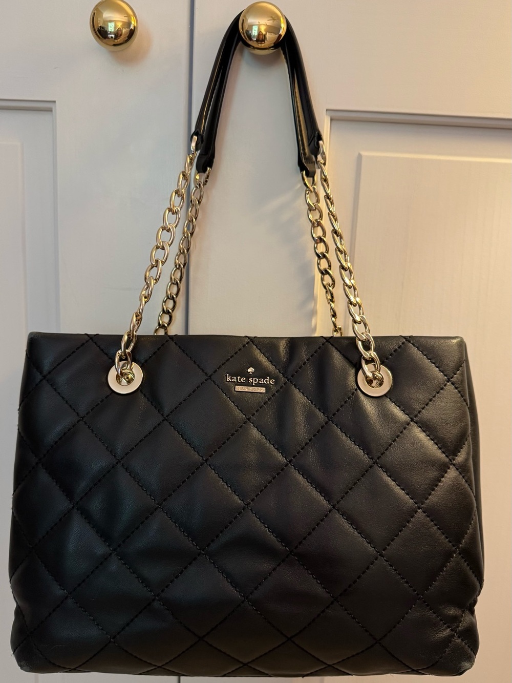 Kate Spade Black Quilted Shoulder Tote with Gold Chain Straps